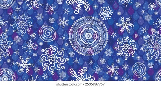 Vector dibujado a mano violeta Navidades violeta sin patrón con copos de nieve vintage blanco y estrellas y gotas

