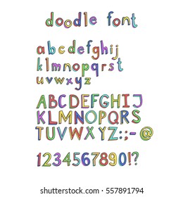 Vector hand drawn volume doodle font isolated on white. Color sketch alphabet. Retro style