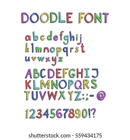 Vector hand drawn volume doodle font isolated on white. Color sketch alphabet