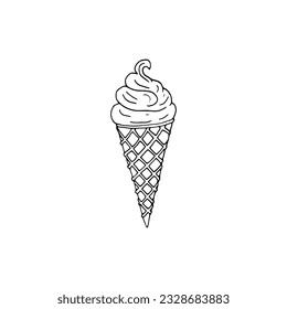Vector hand drawn waffle cone with ice cream Illustration. Sketch element for labels, packaging and cards design. 