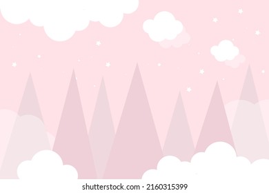 Vector hand drawn wallpaper for kids. Cute mountains, clouds and stars. For a children's wall. Pink wallpaper. Cute childish design. Scandinavian style. Modern wallpaper.