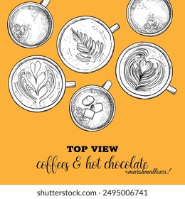 Vector hand drawn warm and hot beverages. Top view lattes and milk chocolates with marshmallows. Drinks assets ready to use and easy to edit. Black outline and white fill in separate groups.