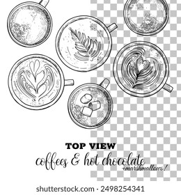 Vector hand drawn warm and hot beverages. Top view lattes and milk chocolates with marshmallows. Drinks assets ready to use and easy to edit. Black outline, no fill, with fine details. 