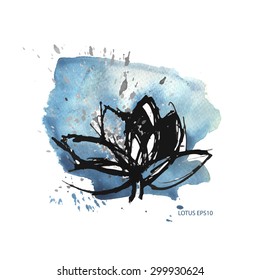 vector hand drawn watercolor blue stains background with ink contour lotus