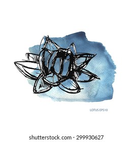 vector hand drawn watercolor blue stains background with ink contour lotus