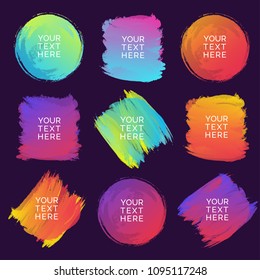 Vector hand drawn watercolor brush strokes set of different shapes and gradient colors isolated on black background. Illustration 10 eps