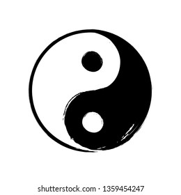 Vector hand drawn watercolor brush yin yang symbol of harmony. Balance black and white circle sign on white background. Ying yang buddism religion illustration