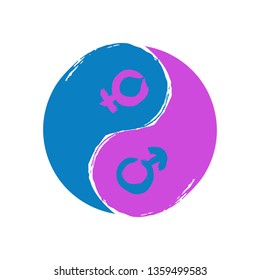 Vector hand drawn watercolor brush yin yang symbol of harmony with man and woman icon. Balance blue and pink circle male and female sign on white background. Ying yang buddism religion illustration