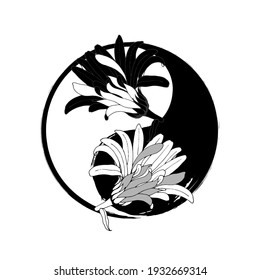 Vector hand drawn watercolor brush yin yang symbol of harmony. Balance black and white circle with flower sign on white background . Ying yang buddism religion illustration