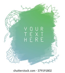 Vector hand drawn watercolor brush strokes in the form of green oval with green contours of flowers on a white background. Brush smear stain texture. Figured brush strokes. Watercolor background.