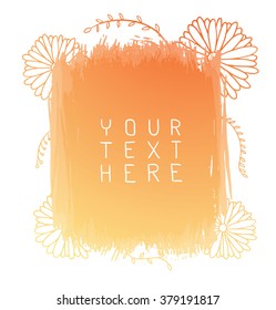Vector hand drawn watercolor brush strokes in the form of orange square with orange contours of flowers on a white background. Brush smear stain texture. Figured brush strokes. Watercolor background.