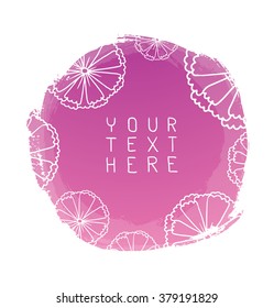 Vector hand drawn watercolor brush strokes in the form of lilac circle with white contours of flowers on a white background. Brush smear stain texture. Figured brush strokes. Watercolor background.