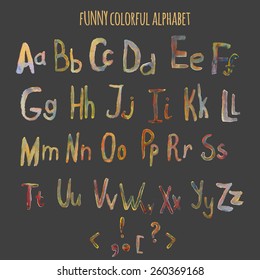 Vector hand drawn watercolor colorful fantasy alphabet. Perfect on dark background