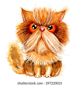 Vector hand drawn watercolor grumpy persian cat. Ideal for postcards, gift tags and other printed stuff.