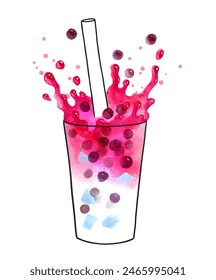 Vector hand drawn watercolor illustration of red Bubble Tea with splash crown 