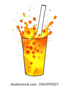 Vector hand drawn watercolor illustration of orange Bubble Tea with splash crown 