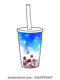 Vector hand drawn watercolor illustration of Bubble Blue Matcha Tea 