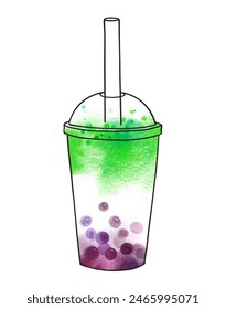 Vector hand drawn watercolor illustration of Bubble Green Tea  