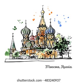 Vector hand drawn watercolor illustration of famous russian landmark Saint Basil's cathedral in Moscow, Russia. Black ink outline and bright watercolour splashes, stains and drips on white background.