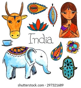 vector hand drawn watercolor india set