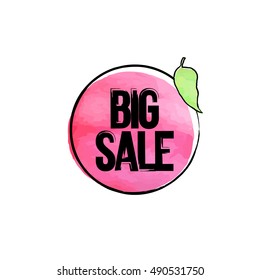 Vector hand drawn watercolor label Big sale. Red sticker in black circle with leaf. Illustrations for graphic and web design, for shopping, sale and discount, web.