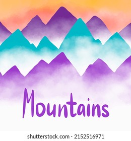 Vector hand drawn watercolor mountains in foggy. Beautiful dark blue mountain landscape with fog. Red and orange sunrise and sunset in mountains. Cold winter and autumn morning high in mountains