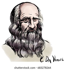 Vector hand drawn watercolor portrait with famous artist Leonardo da Vinci and his signature. 