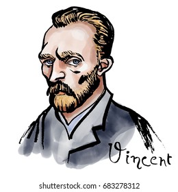 Vector hand drawn watercolor portrait with famous artist Vincent van Gogh and his signature. 