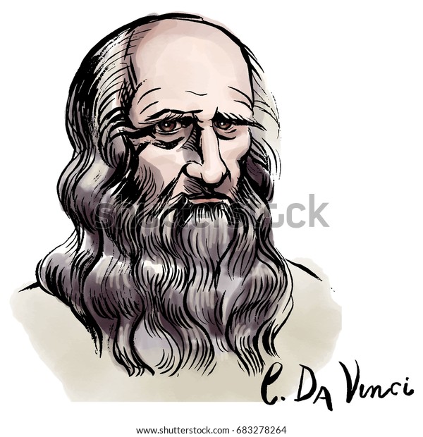 Vector hand drawn watercolor portrait\
with famous artist Leonardo da Vinci and his signature.\
