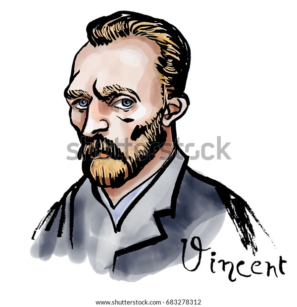 Vector hand drawn watercolor portrait\
with famous artist Vincent van Gogh and his signature.\
