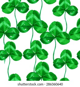 Vector hand drawn watercolor seamless pattern of clover green leaves
