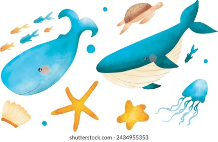 Vector hand drawn watercolor style illustration set of whales, jelly fish, sea turtle, and starfish	