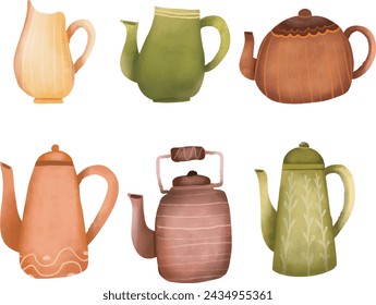 Vector hand drawn watercolor style illustration set of vintage tea pots