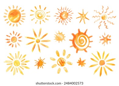 Vector hand drawn watercolor suns set. Creative doodle elements, sun shapes with artistic aquarelle stains, yellow and orange fire colours. Design collection.