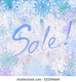 Vector hand drawn watercolor winter sale square background with snowflakes and inscription Sale like ice frozen window
