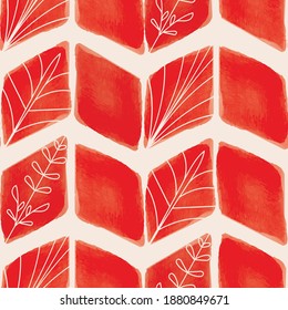 Vector hand drawn watercolour red geometric leaves ecru striped seamless pattern. Print background. Perfect for fabric, wallpapers, home decor.
