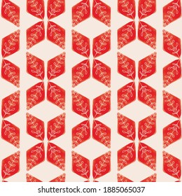 Vector hand drawn watercolour red geometric leaves, chevrons, bows white ecru striped seamless pattern. Print background. Perfect for fabric, wallpapers, home decor.