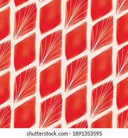 Vector hand drawn watercolour red geometric rhombus shapes, leaves, ecru striped seamless pattern. Print background. Perfect for fabric, wallpapers, home decor.