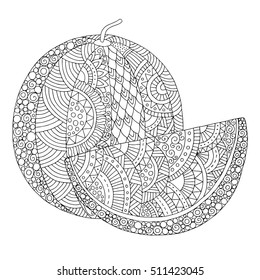 Vector hand drawn watermelon illustration for adult coloring book. Freehand sketch for adult anti stress coloring book page with doodle and zentangle elements