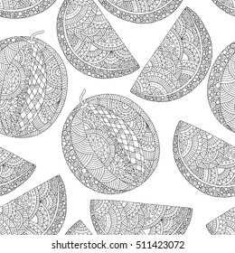 Vector hand drawn watermelon illustration for adult coloring book. Freehand sketch for adult anti stress coloring book page with doodle and zentangle elements. Seamless pattern, texture, wallpaper