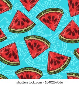 Vector hand drawn watermelon. Seamless pattern. Each object can be changed and moved for your design.