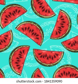 Vector hand drawn watermelon. Seamless pattern. Each object can be changed and moved for your design.