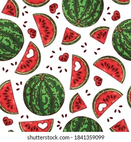 Vector hand drawn watermelon. Seamless pattern. Each object can be changed and moved for your design.