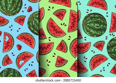 Vector hand drawn watermelon. Seamless pattern. Each object can be changed and moved for your design.