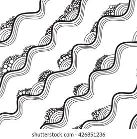 Vector hand drawn waves and bubbles hipster seamless pattern. Design for universal card, Placards, Posters, Flyers and Banner black and white. 