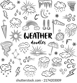 Vector hand drawn weather icons. Set of doodle elements on white background. Vector illustration in vintage style