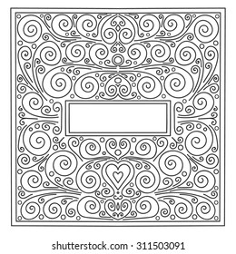 Vector hand drawn wedding frame for your celebration. Doodle circles, swirls, hearts. Black ornament on white background.