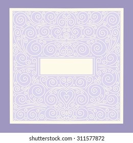 Vector hand drawn wedding frame for your celebration. Doodle circles, swirls, hearts. Violet and light yellow colors.