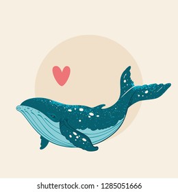 Vector hand drawn whale with splash texture. Grange whale illustration. Sketch. Tattoo art, graphic, t-shirt design, poster design, invitations, greeting cards, posters.