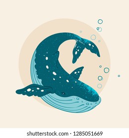Vector hand drawn whale with splash texture. Grange whale illustration. Sketch. Tattoo art, graphic, t-shirt design, poster design, invitations, greeting cards, posters.